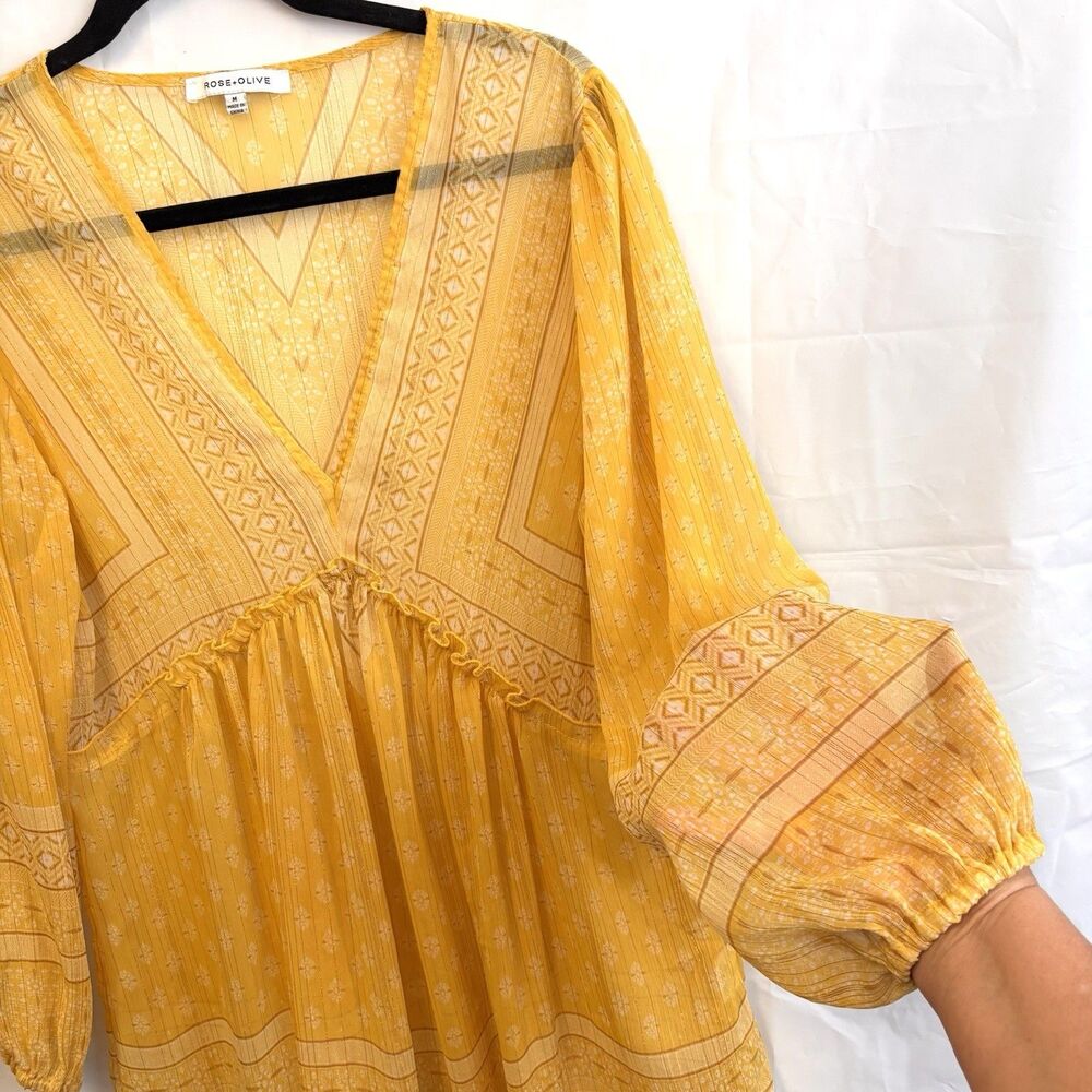 Women's M Long Sleeved Tunic Top Boho Yellow Gold Deep V Neck